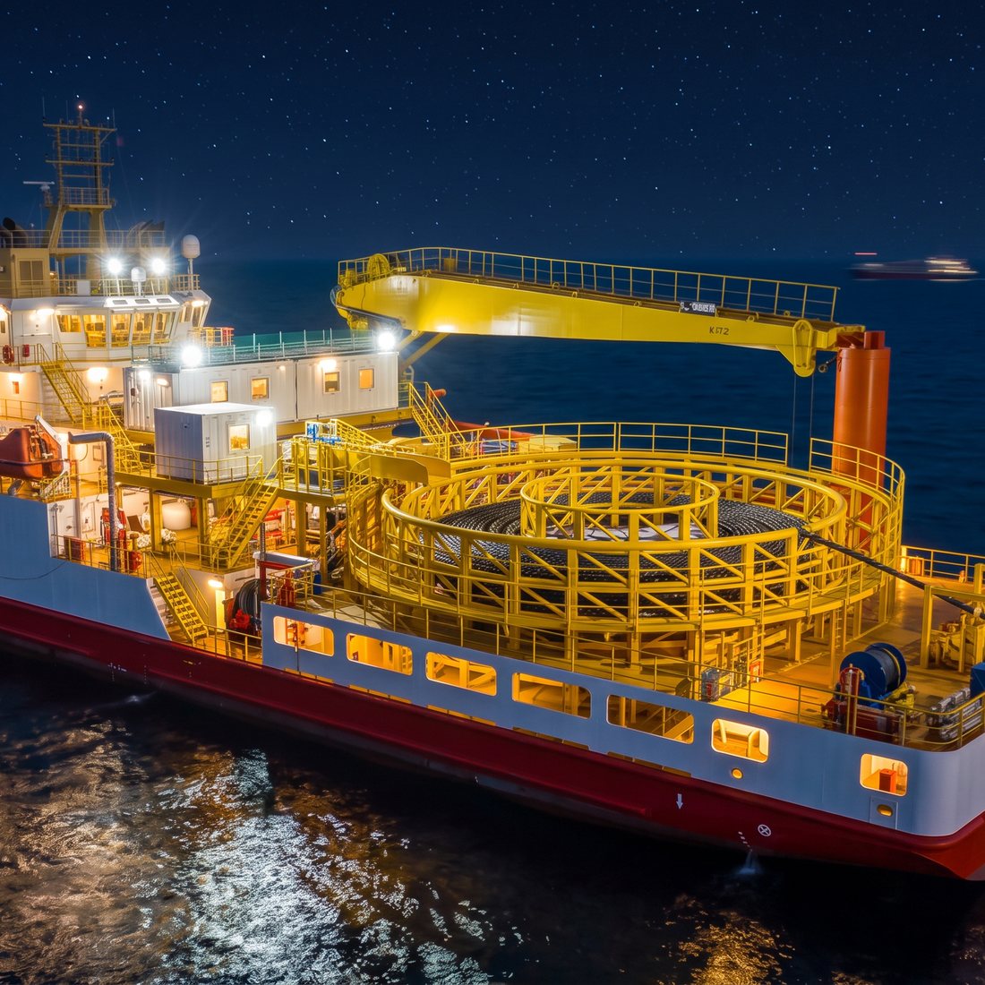 Cable-lay vessel with a loaded cable carousel and deck crane, lit up at sea under a starry night sky